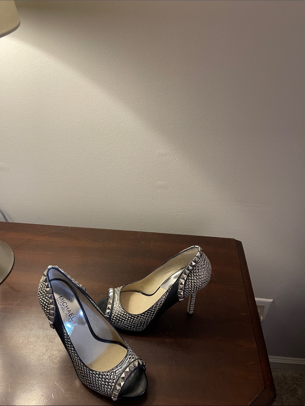 MICHAEL Michael Kors Silver Studded Peep-Toe Pumps